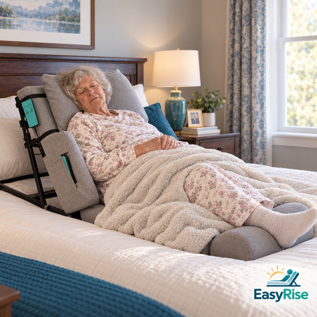 Senior woman resting comfortably on the EasyRise backrest in bed