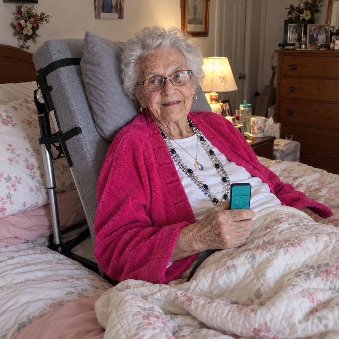 Customer holding the EasyRise remote while sitting up in bed